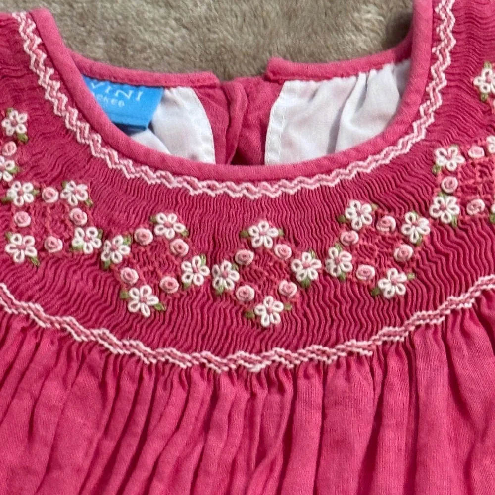 Anavini Girls Pink Hand Smocked Linen Dress Floral Flutter Sleeve Size 5